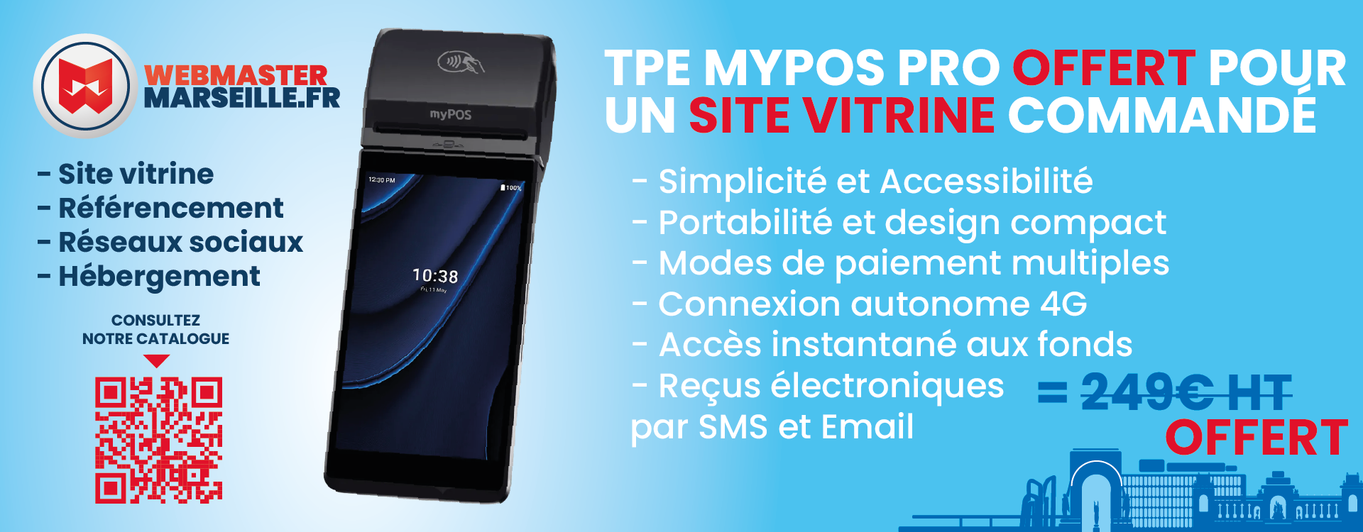 Obtenez un site vitrine optimisé avec un TPE myPOS Pro offert, idéal pour les entrepreneurs souhaitant allier présence en ligne et solution de paiement.